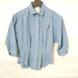 Eber S Artist Chambray Fitted Blue Cotton Tiny Flowers Top - Vintage